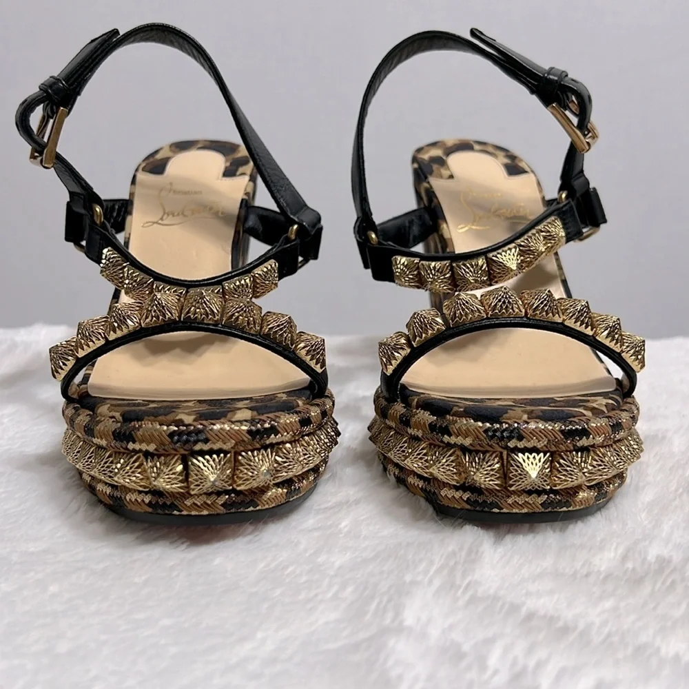 Christian Louboutin Nappa Leopard Pira Ryad 110 Wedge Sandal Black Marron 35 - Picture 4 of 13